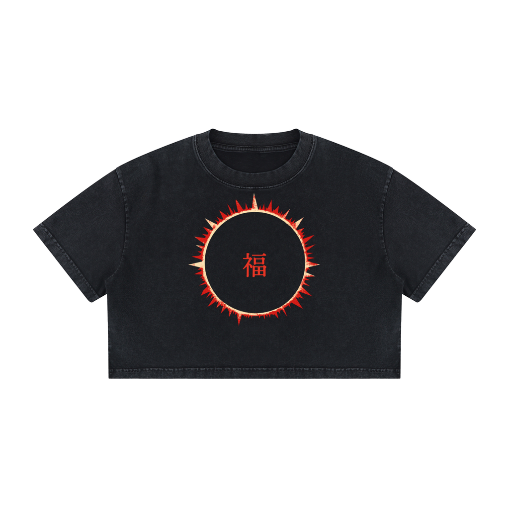 SOFUA Women's Mineral Wash Crop Tee — mineral-washed black crop tee with eclipse mark