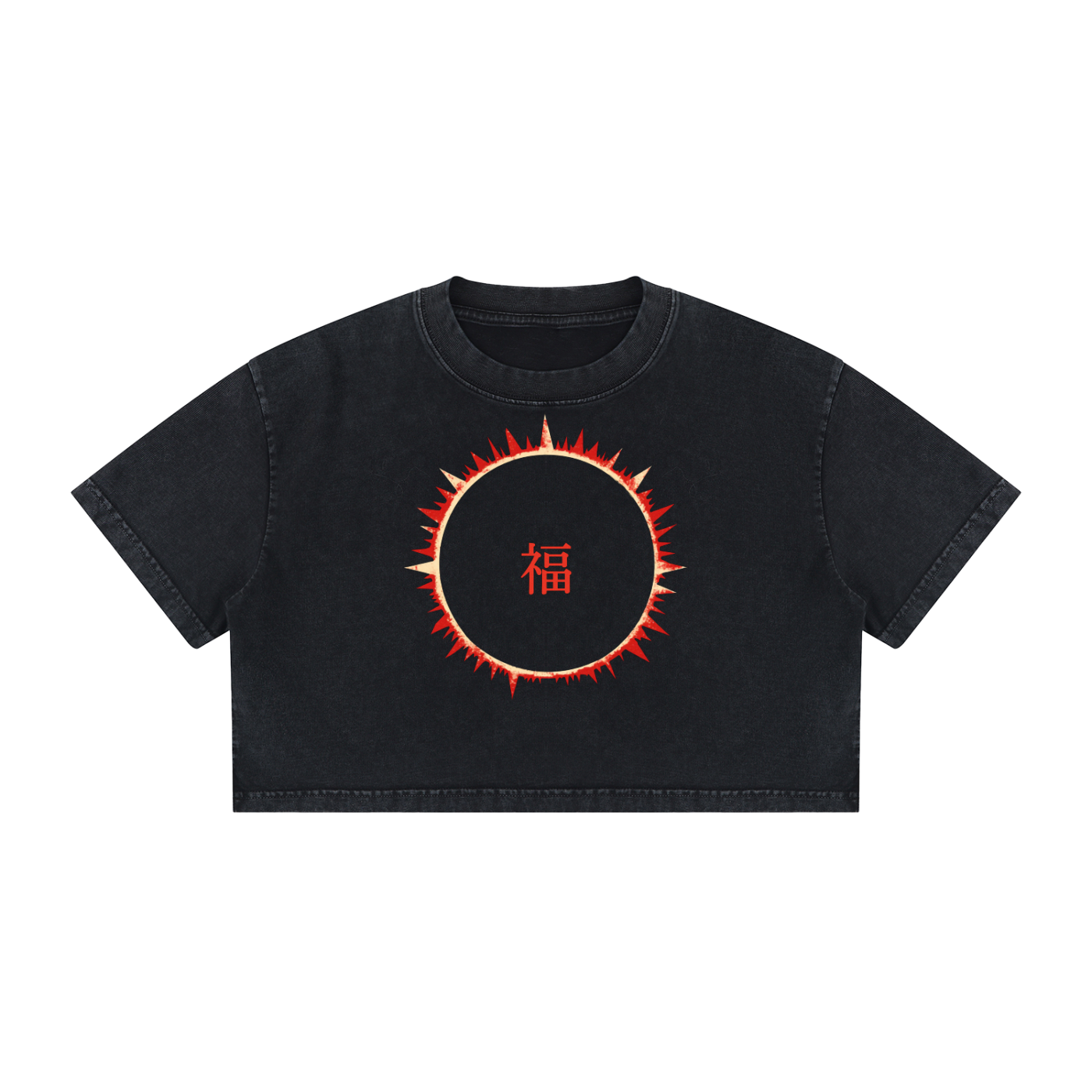 SOFUA Women's Mineral Wash Crop Tee — mineral-washed black crop tee with eclipse mark