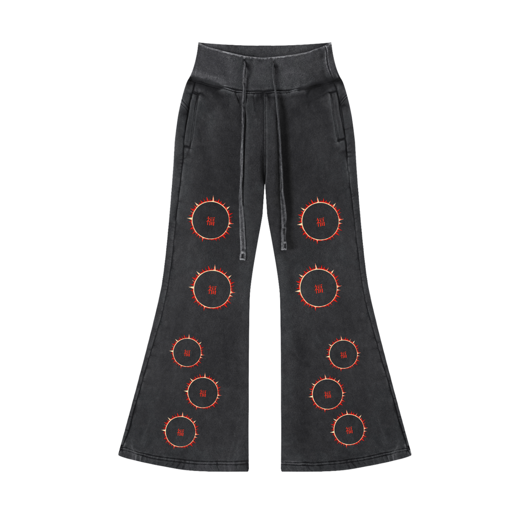 SOFUA Women's Flare Fleece Pants — washed black flares with eclipse marks repeating down both legs