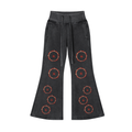 SOFUA Women's Flare Fleece Pants — washed black flares with eclipse marks repeating down both legs