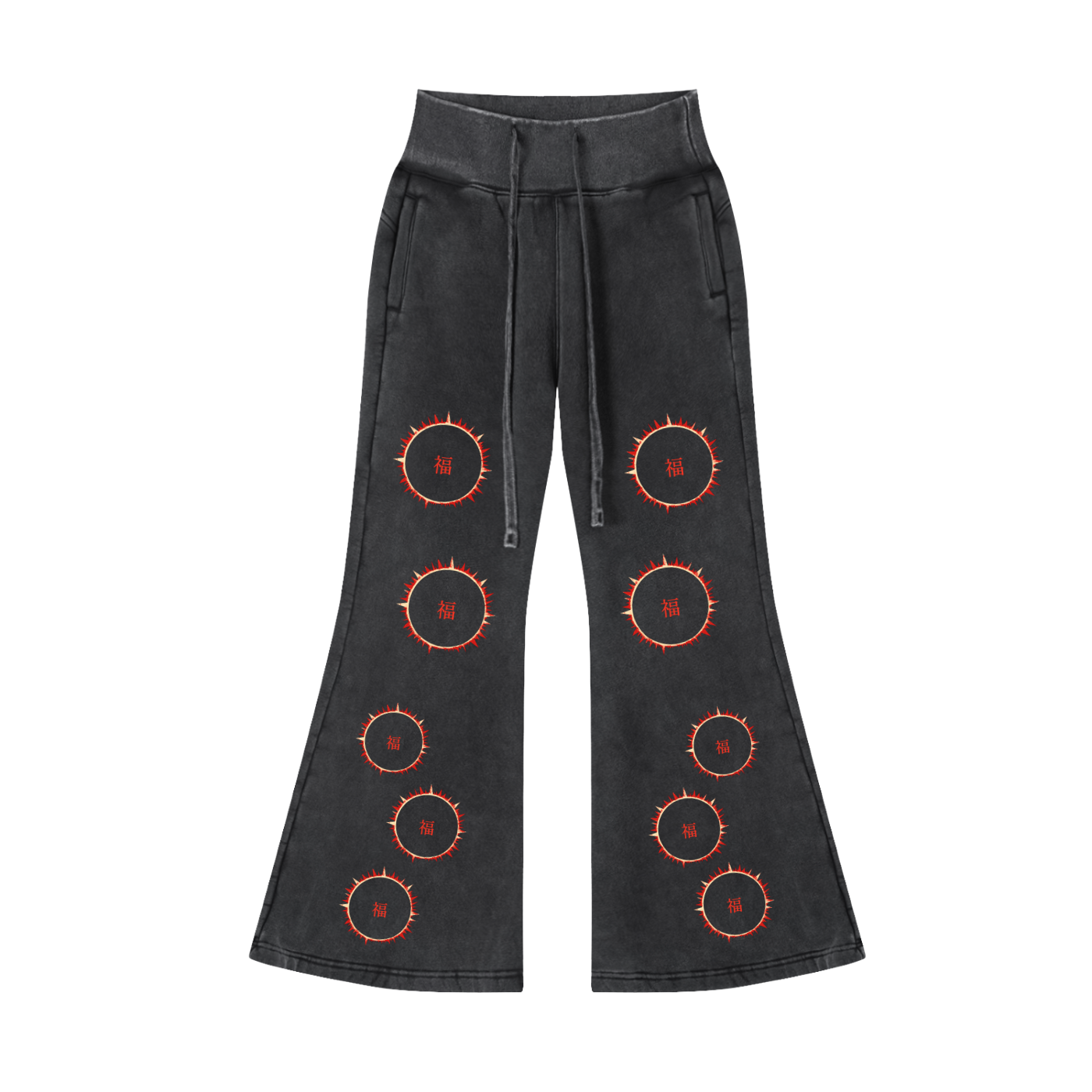 SOFUA Women's Flare Fleece Pants — washed black flares with eclipse marks repeating down both legs