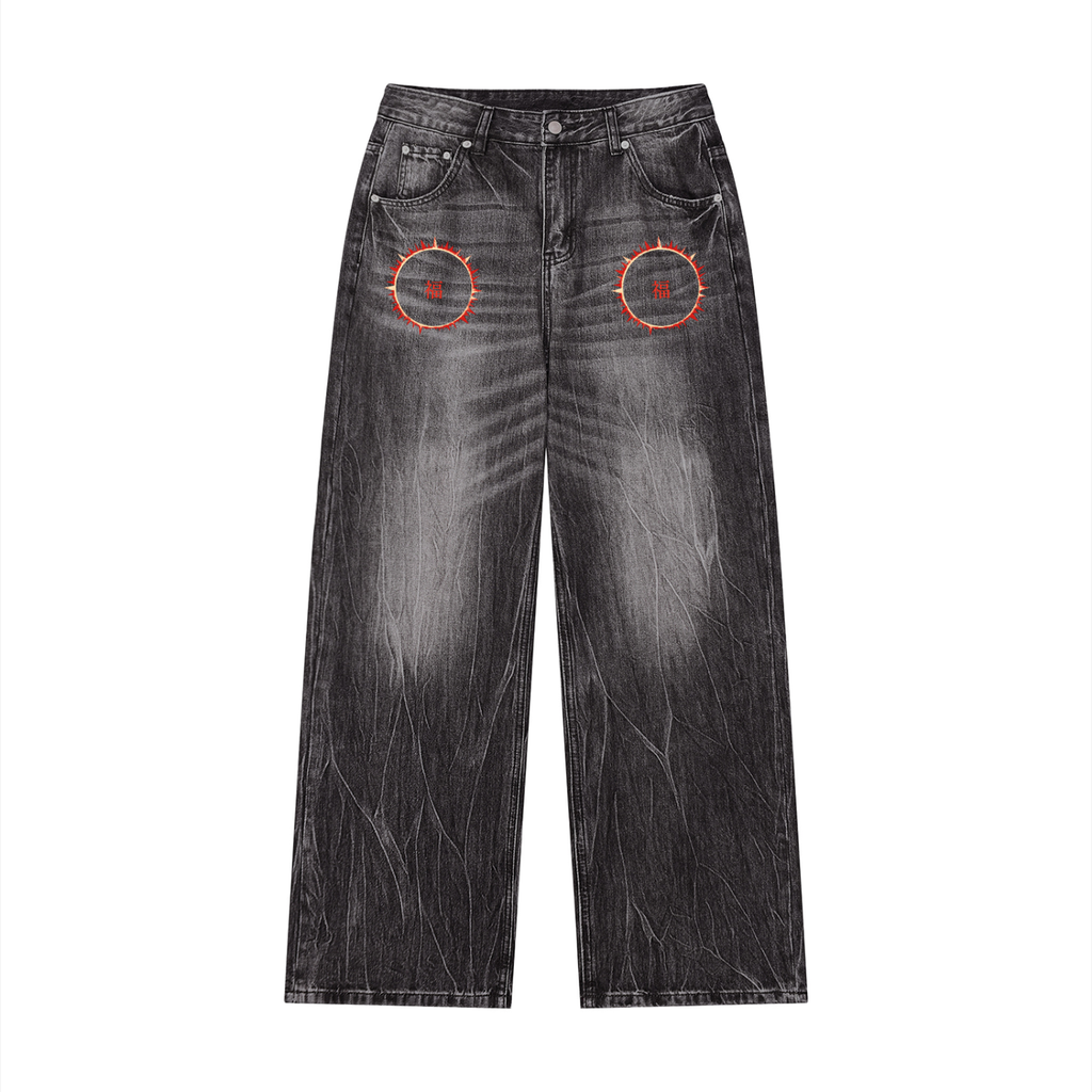 SOFUA Vintage Wash Wide-Leg Jeans — vintage-washed black wide-leg denim with eclipse mark