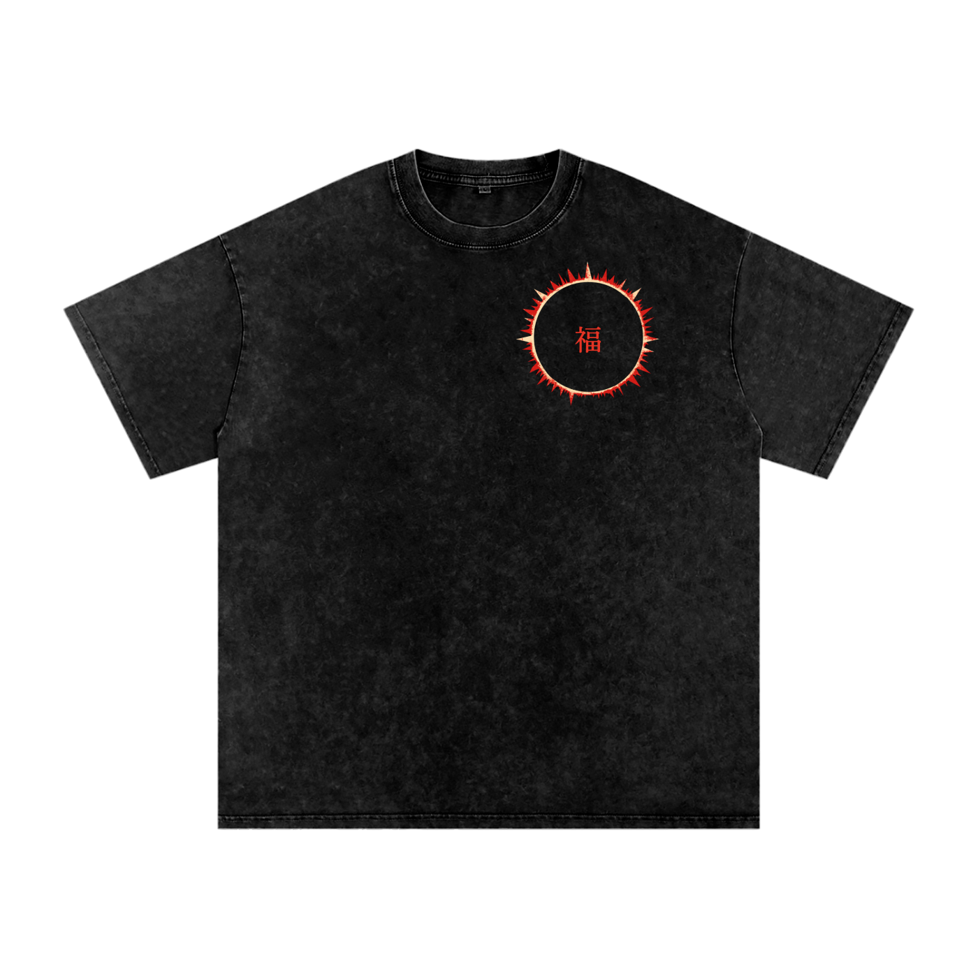 SOFUA Snow Wash Tee — washed black tee, red eclipse mark on the chest, front view
