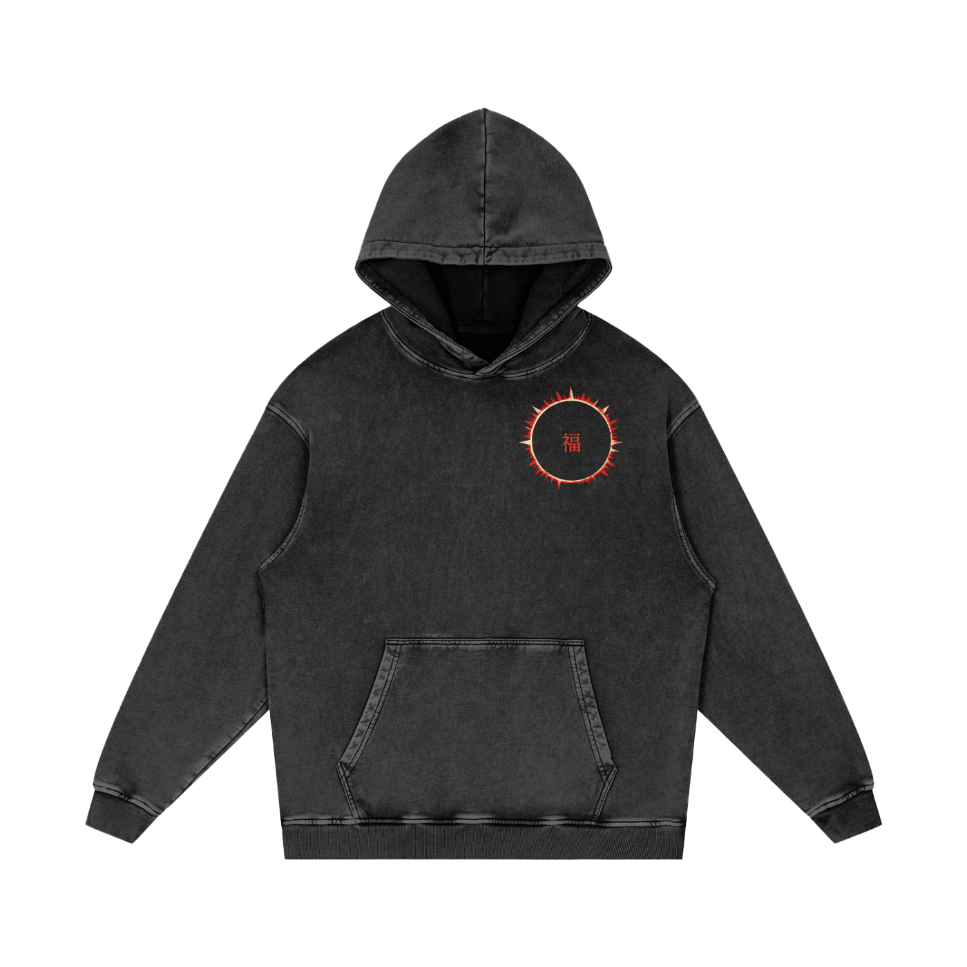 SOFUA Snow Wash Hoodie — washed black hoodie, red eclipse mark on the chest
