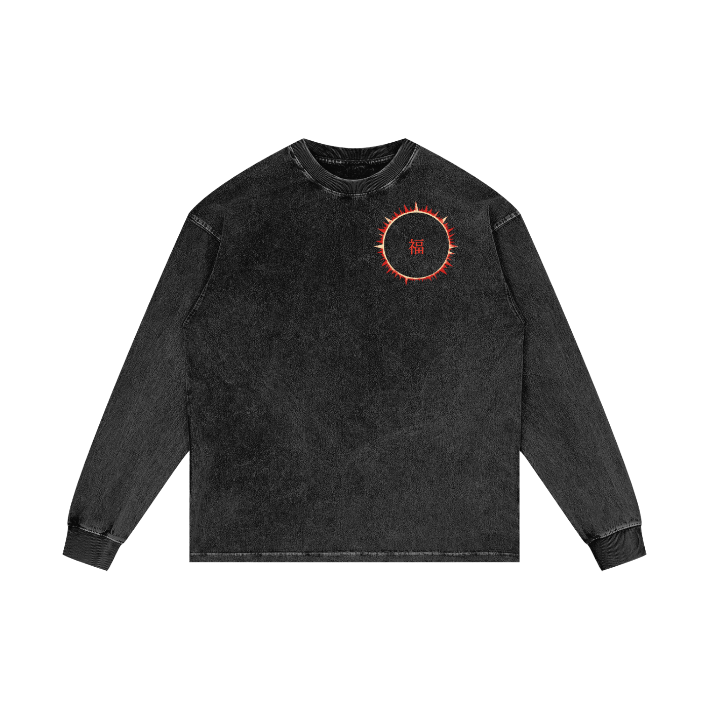SOFUA Acid Wash Longsleeve — acid-washed black long sleeve tee with eclipse mark