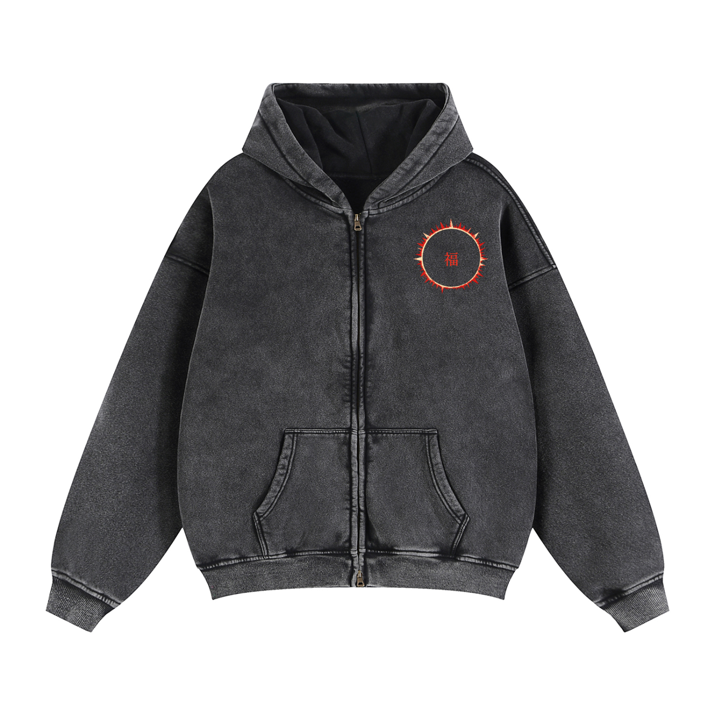 SOFUA Zip Fleece Hoodie — black boxy zip-through fleece hoodie with eclipse mark