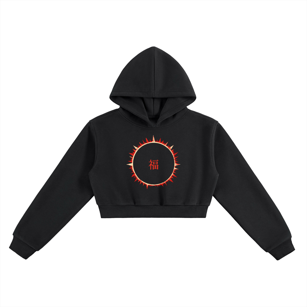 SOFUA Women's Cropped Hoodie — black cropped heavyweight hoodie with eclipse mark