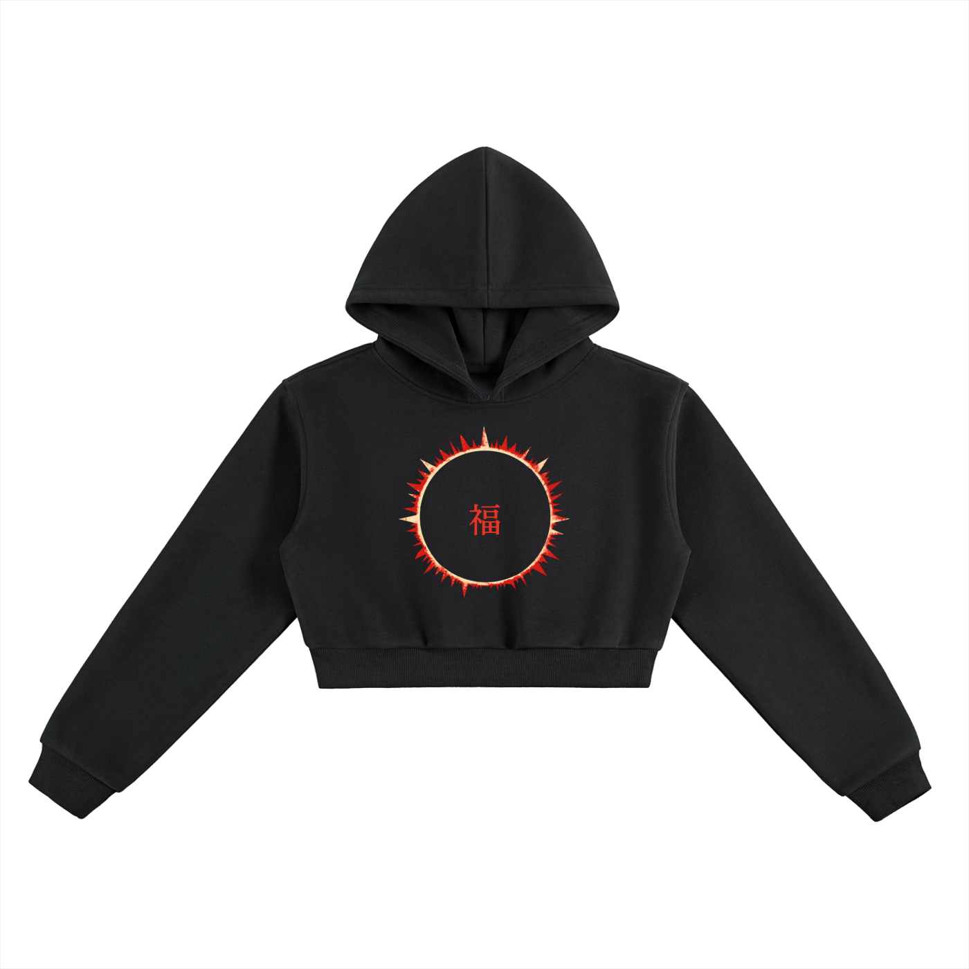 SOFUA Women's Cropped Hoodie — black cropped heavyweight hoodie with eclipse mark