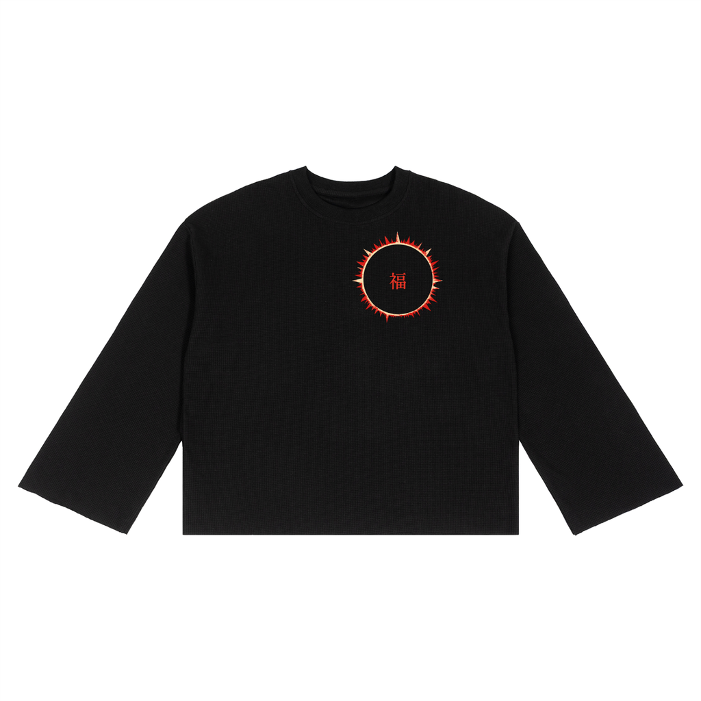 SOFUA Waffle Raw-Edge Tee — black waffle-knit tee with eclipse mark