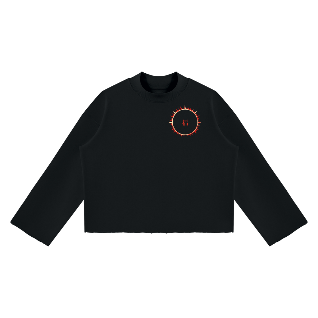 SOFUA Boxy Mock-Neck Sweatshirt — black boxy raw-edge sweatshirt with eclipse mark