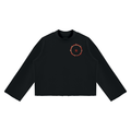 SOFUA Boxy Mock-Neck Sweatshirt — black boxy raw-edge sweatshirt with eclipse mark