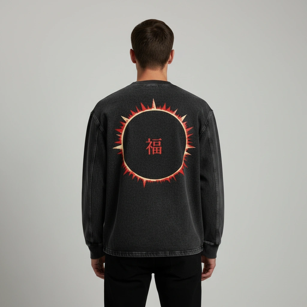 SOFUA Acid Wash Longsleeve — acid-washed black oversized long-sleeve tee with eclipse mark, back view