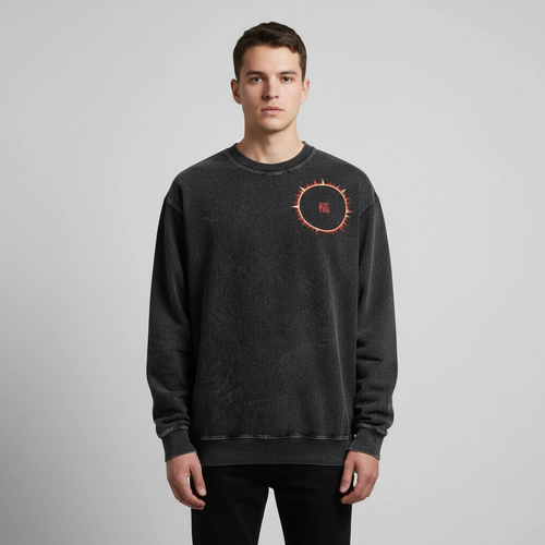 SOFUA Acid Wash Longsleeve — acid-washed black oversized long-sleeve tee with eclipse mark, front view
