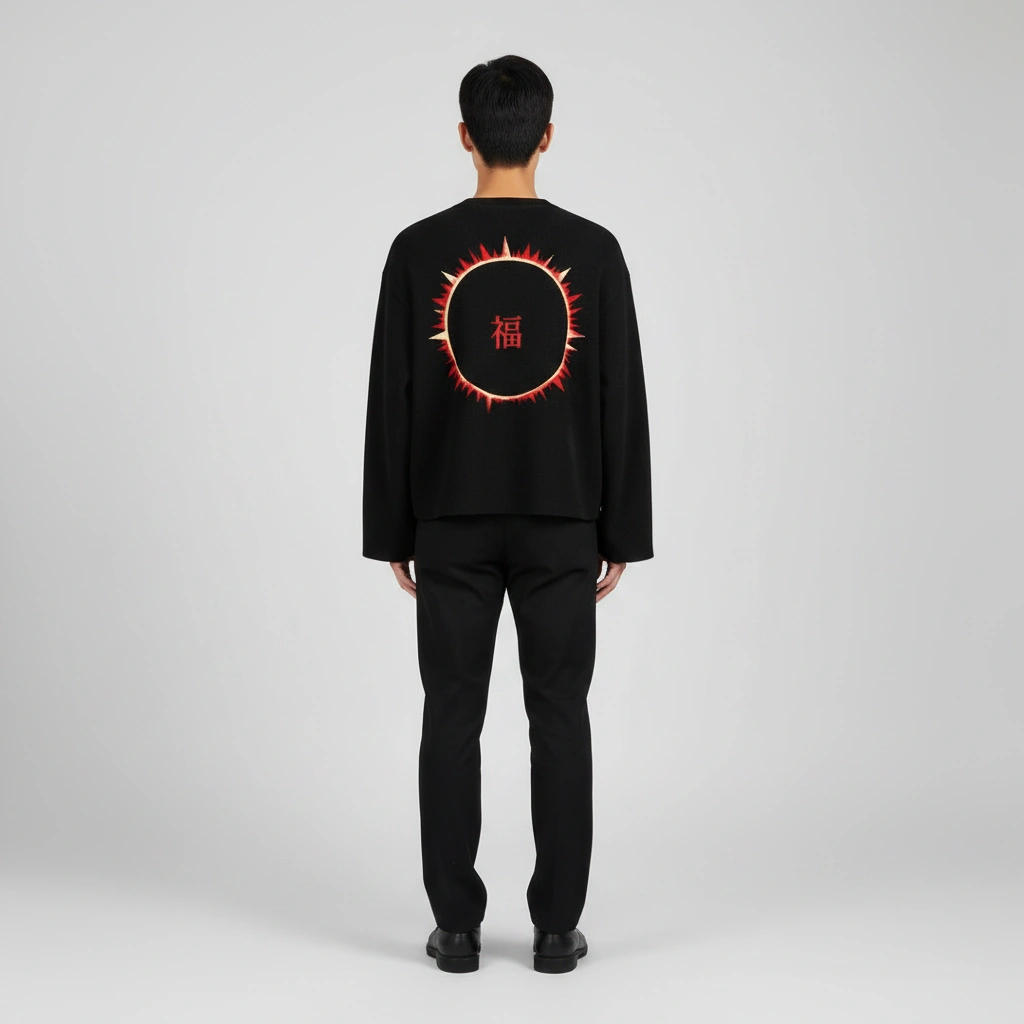 SOFUA Boxy Mock-Neck Sweatshirt — black boxy raw-edge mock-neck sweatshirt with eclipse mark, back view