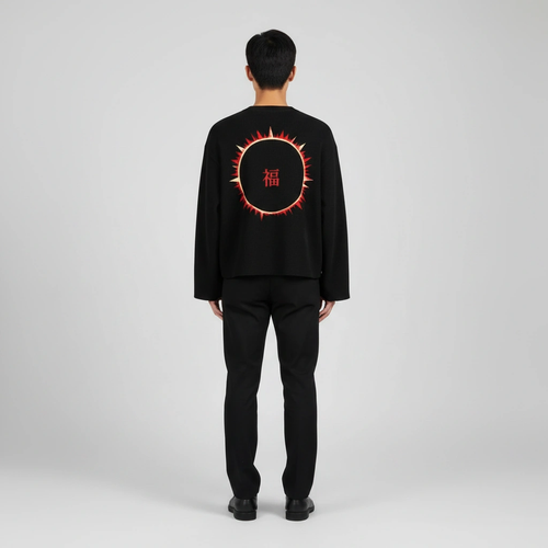 SOFUA Boxy Mock-Neck Sweatshirt — black boxy raw-edge mock-neck sweatshirt with eclipse mark, back view