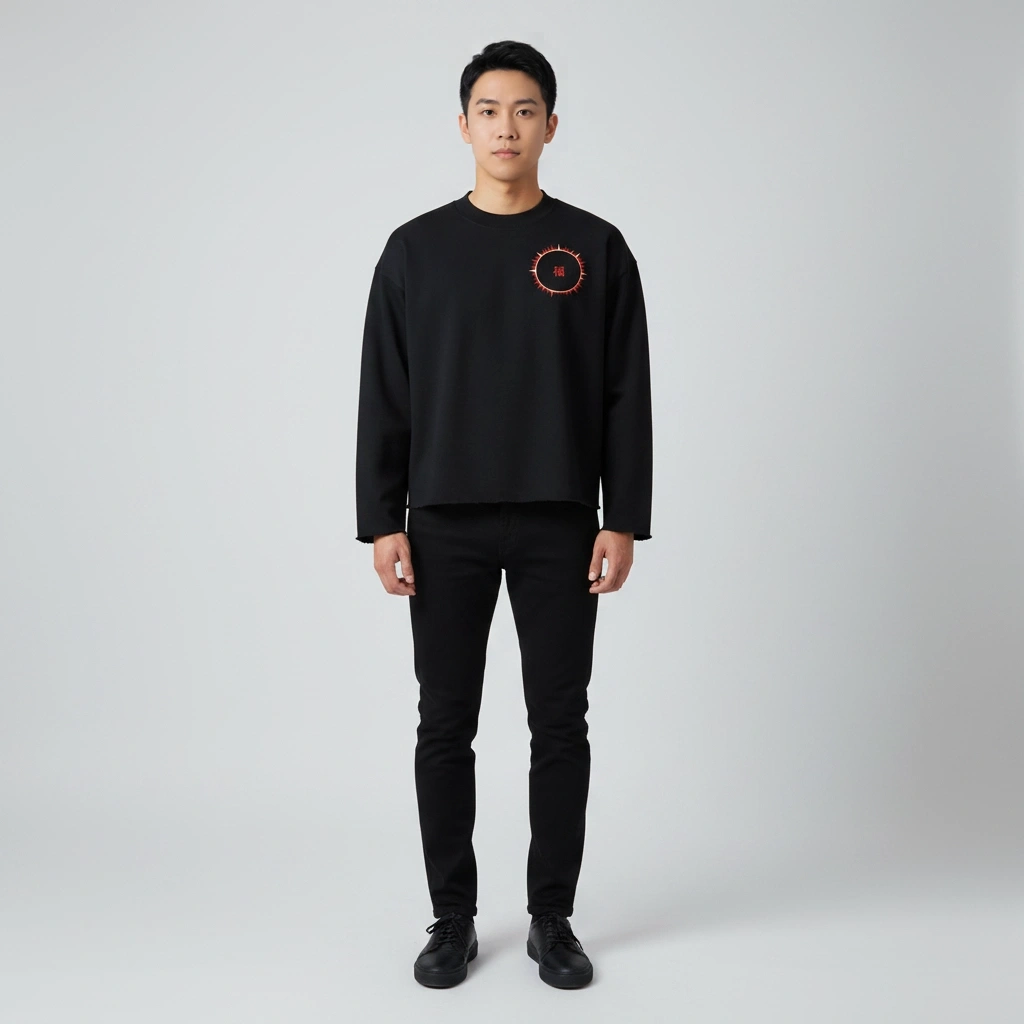 SOFUA Boxy Mock-Neck Sweatshirt — black boxy raw-edge mock-neck sweatshirt with eclipse mark, front view