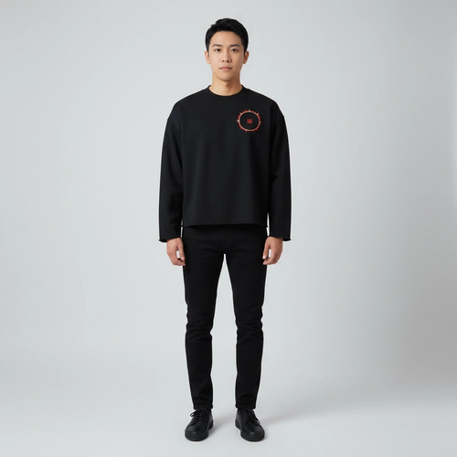 SOFUA Boxy Mock-Neck Sweatshirt — black boxy raw-edge mock-neck sweatshirt with eclipse mark, front view
