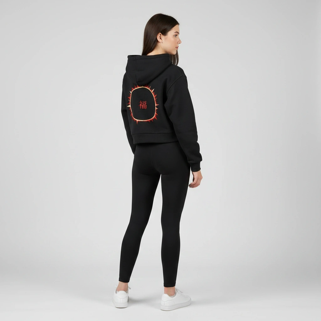 SOFUA Women's Cropped Hoodie — black cropped heavyweight hoodie with eclipse mark, back view