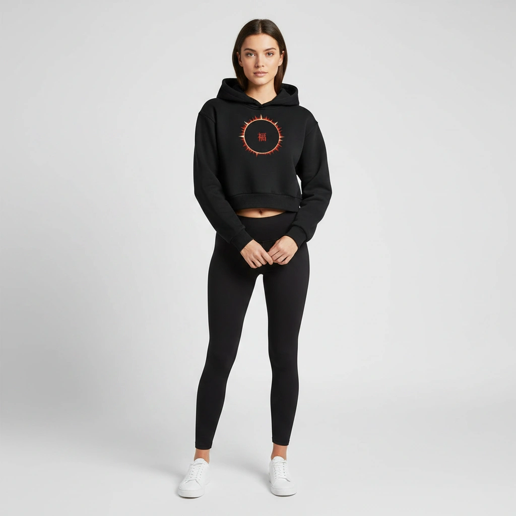 SOFUA Women's Cropped Hoodie — black cropped heavyweight hoodie with eclipse mark, front view