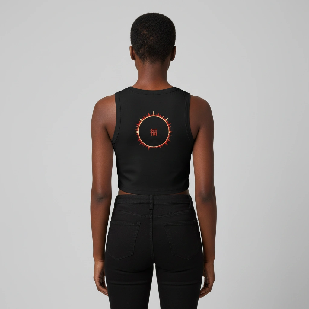 SOFUA Women's Crop Tank — black fitted cropped tank with red 福 mark, back view