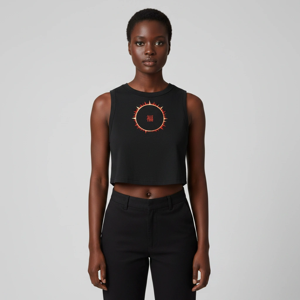 SOFUA Women's Crop Tank — black fitted cropped tank with red 福 mark, front view