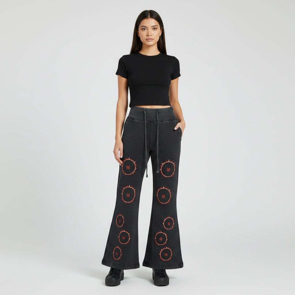 SOFUA Women's Flare Fleece Pants — washed black flared fleece pants with eclipse marks down both legs, front view