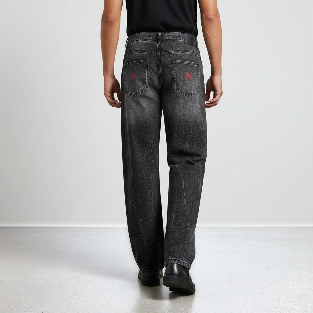 SOFUA Vintage Wash Wide-Leg Jeans — vintage-washed black wide-leg denim with eclipse mark, back view