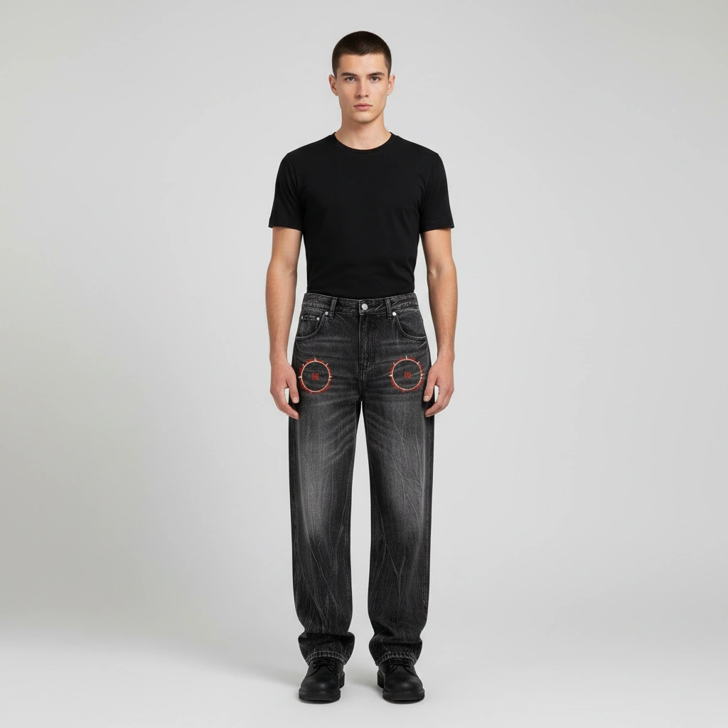 SOFUA Vintage Wash Wide-Leg Jeans — vintage-washed black wide-leg denim with eclipse mark, front view