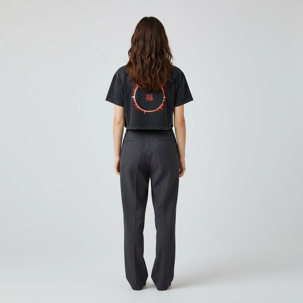 SOFUA Women's Mineral Wash Crop Tee — mineral-washed black cropped tee with eclipse mark, back view