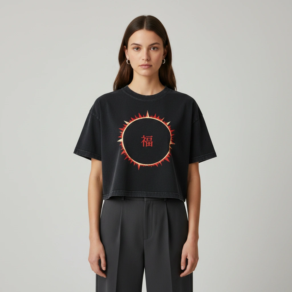 SOFUA Women's Mineral Wash Crop Tee — mineral-washed black cropped tee with eclipse mark, front view