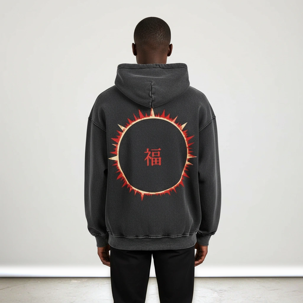 SOFUA Snow Wash Hoodie — snow-washed black heavyweight hoodie with red eclipse mark, back view
