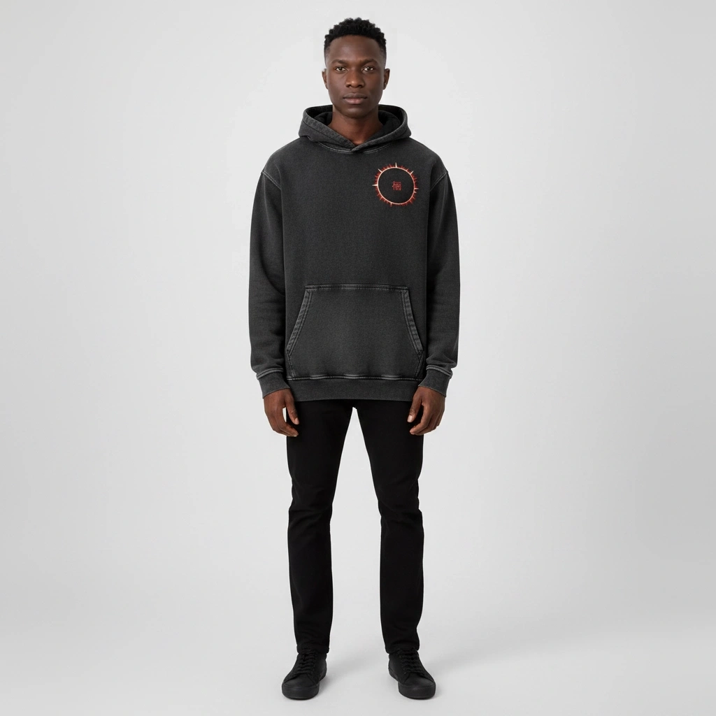 SOFUA Snow Wash Hoodie — snow-washed black heavyweight hoodie with red eclipse mark, front view