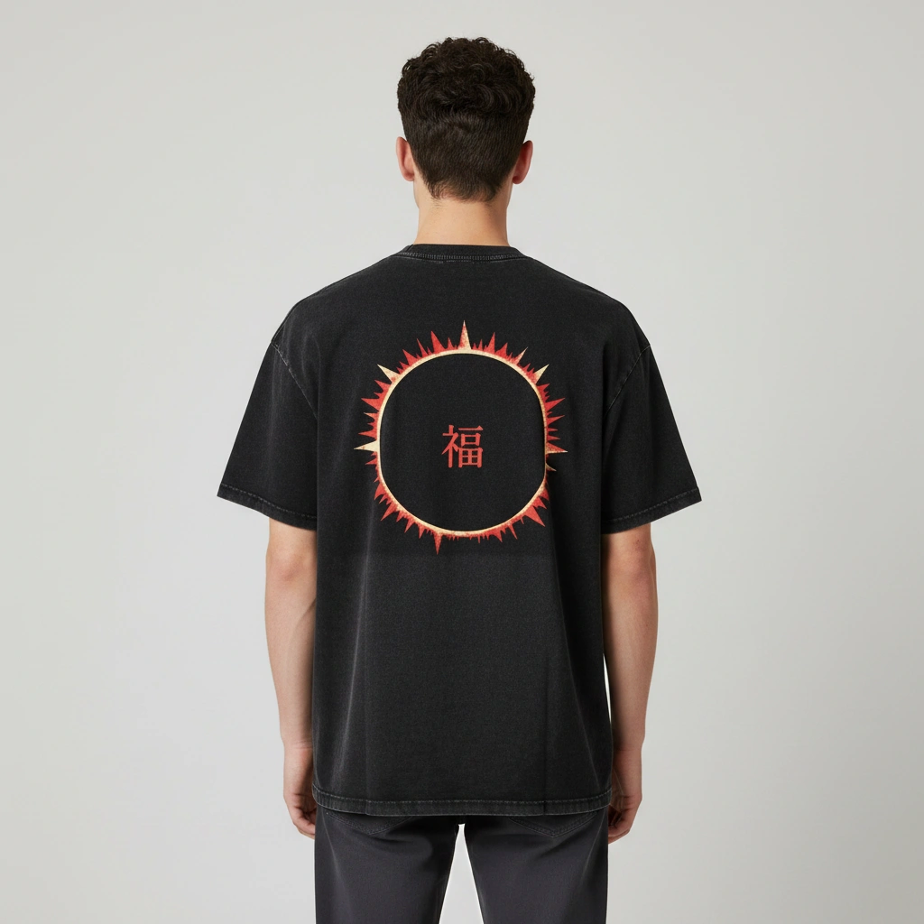 SOFUA Snow Wash Tee — snow-washed black oversized drop-shoulder tee with eclipse mark, back view