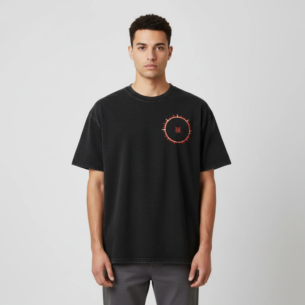 SOFUA Snow Wash Tee — snow-washed black oversized drop-shoulder tee with eclipse mark, front view