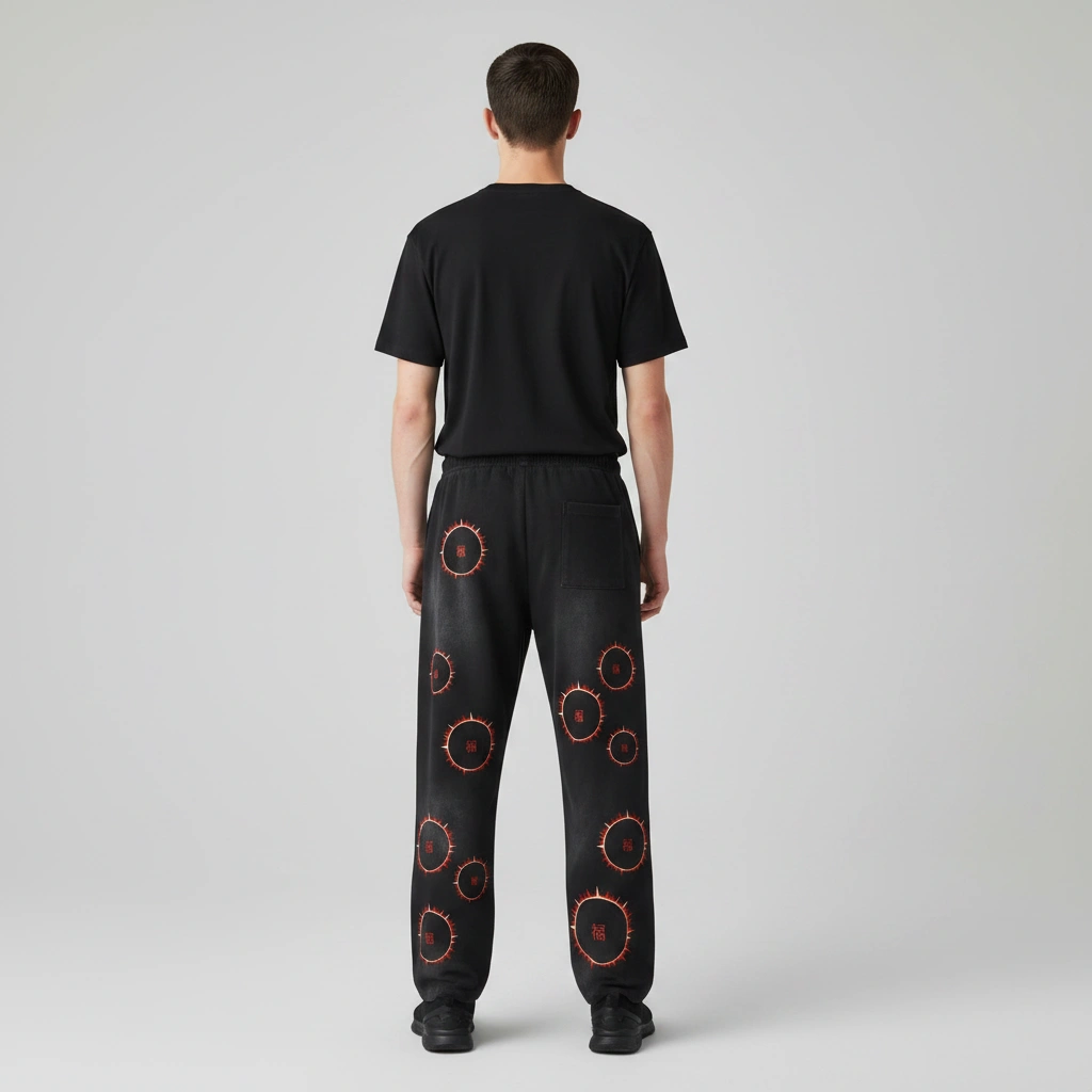 SOFUA Sunfade Sweatpants — sun-faded black loose-fit sweatpants with eclipse mark, back view