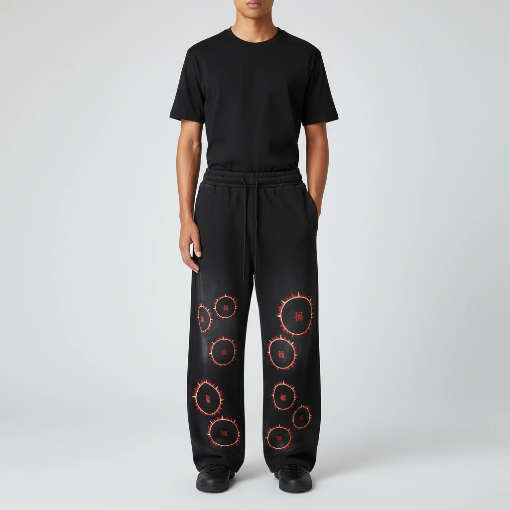 SOFUA Sunfade Sweatpants — sun-faded black loose-fit sweatpants with eclipse mark, front view