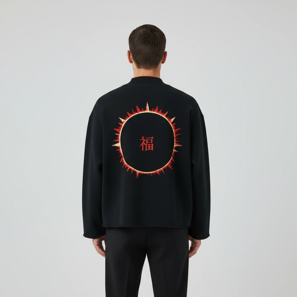 SOFUA Waffle Raw-Edge Tee — black waffle-knit raw-edge long-sleeve tee with eclipse mark, back view