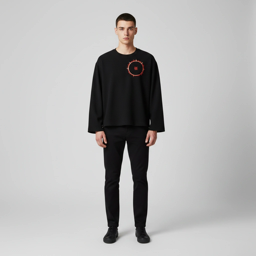 SOFUA Waffle Raw-Edge Tee — black waffle-knit raw-edge long-sleeve tee with eclipse mark, front view