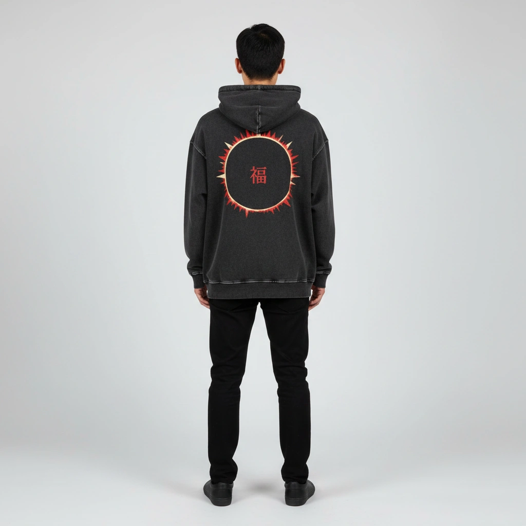 SOFUA Zip Fleece Hoodie — black boxy zip-through fleece hoodie with eclipse mark, back view