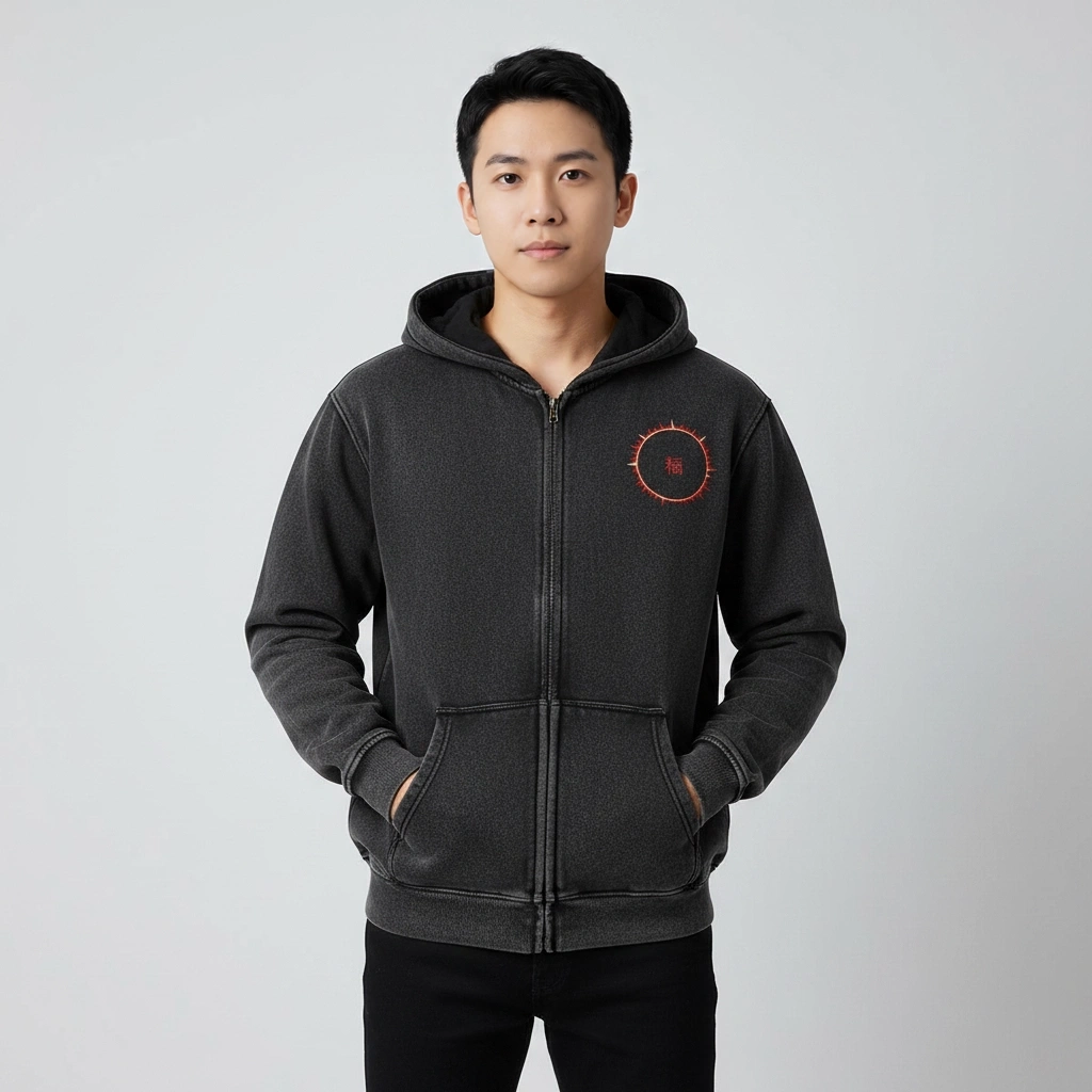 SOFUA Zip Fleece Hoodie — black boxy zip-through fleece hoodie with eclipse mark, front view